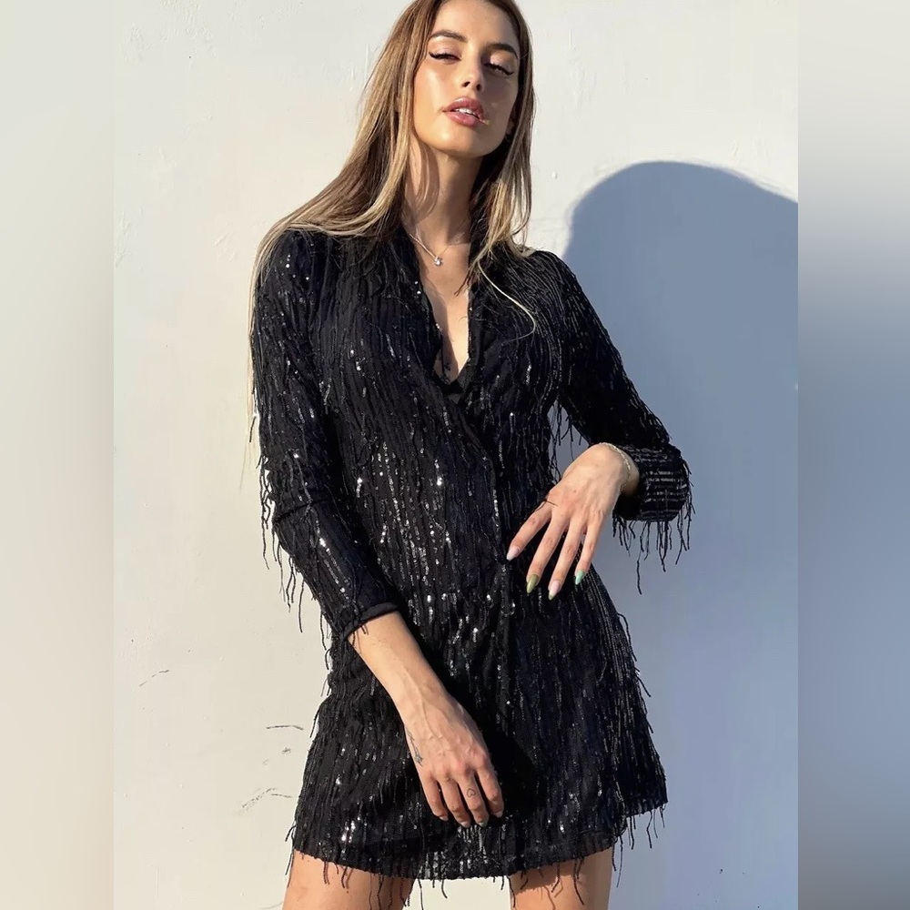 Zara FRINGED SEQUIN MINI DRESS. Black. Size S. New with Tags. - Picture 5 of 10